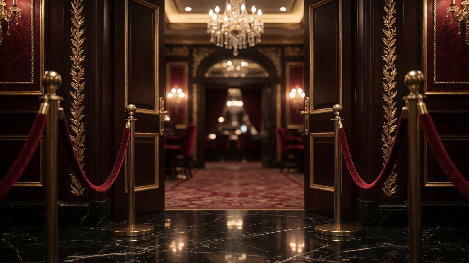 Eingang zur exklusiven VIP-Lounge des Millioner Casino mit rotem Samtseil und goldenen Absperrpfosten