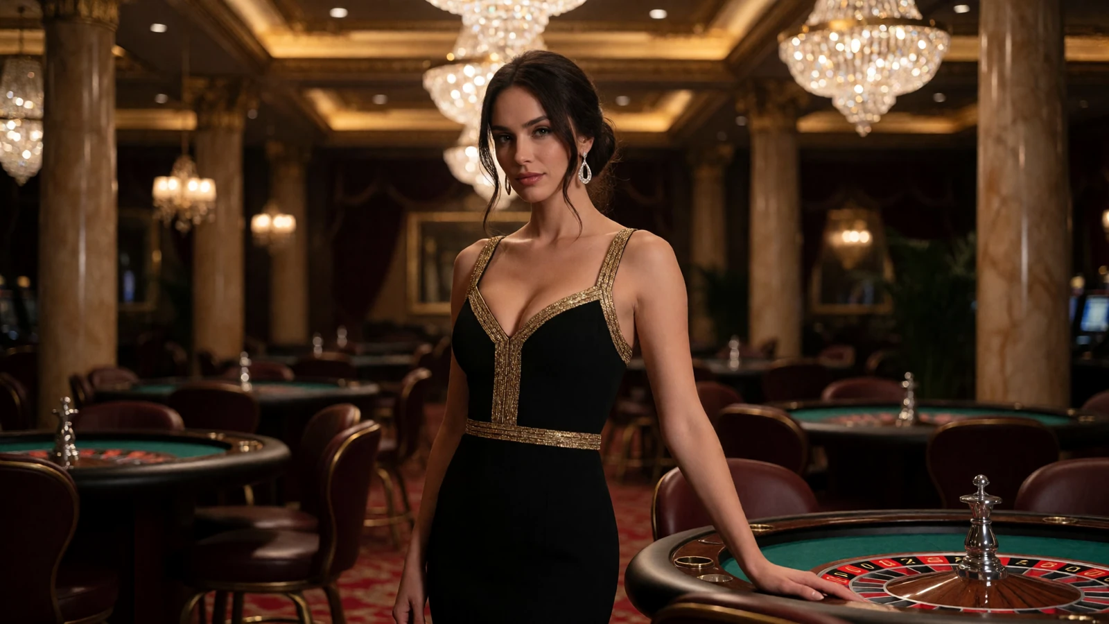 Elegante Frau im goldverzierten schwarzen Abendkleid in der Casino-Halle des Millioner Casino mit Kronleuchtern