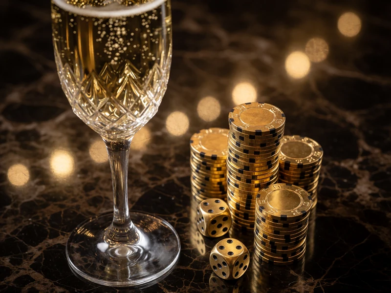 Champagnerfl&ouml;te neben goldenen Casino-Chips auf dunklem Marmor - Millioner Casino Willkommensbonus
