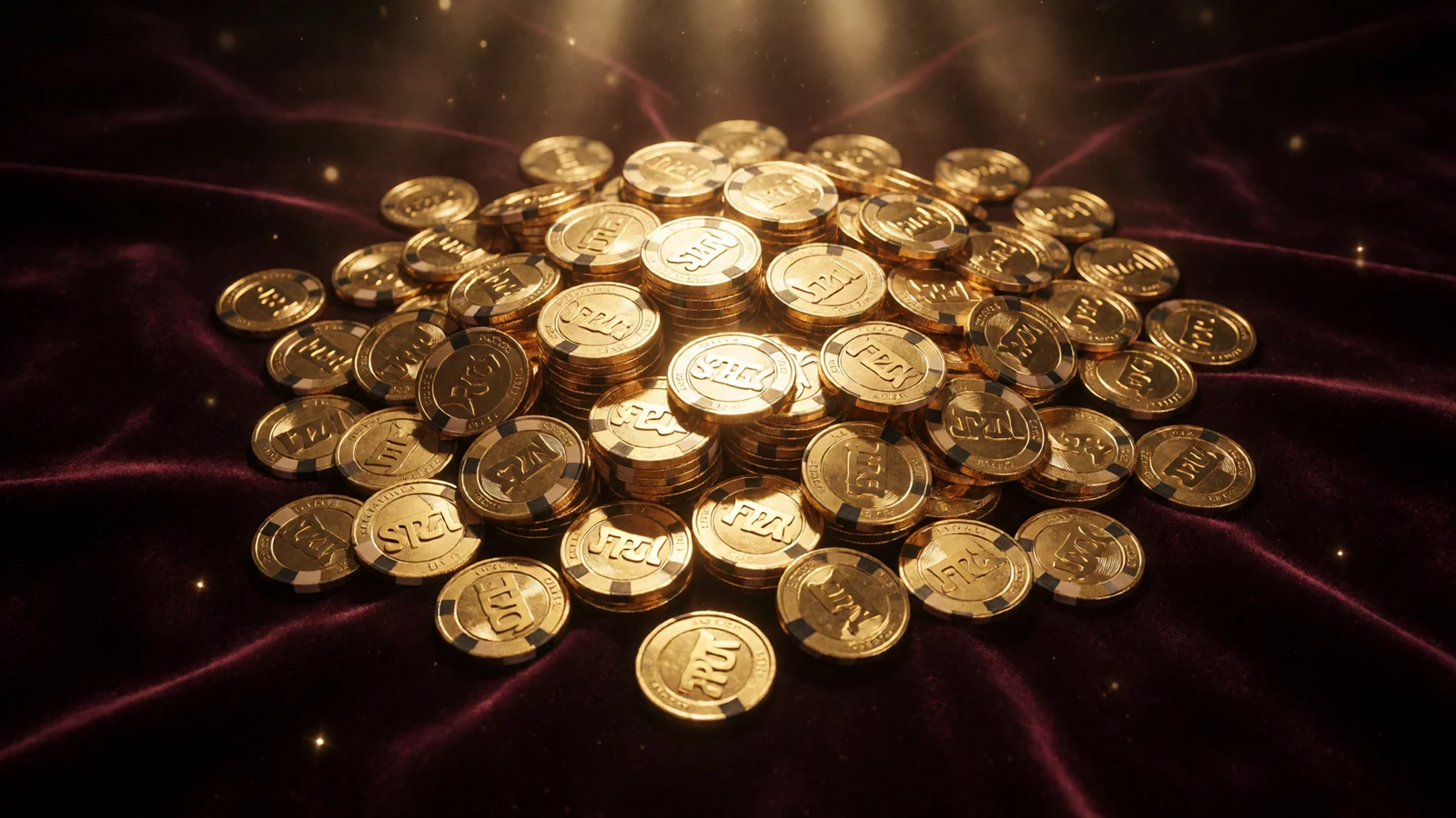 Goldene Casino-Chips, M&uuml;nzen und Freispiel-Tokens auf dunklem Samt - Millioner Casino Willkommensbonus