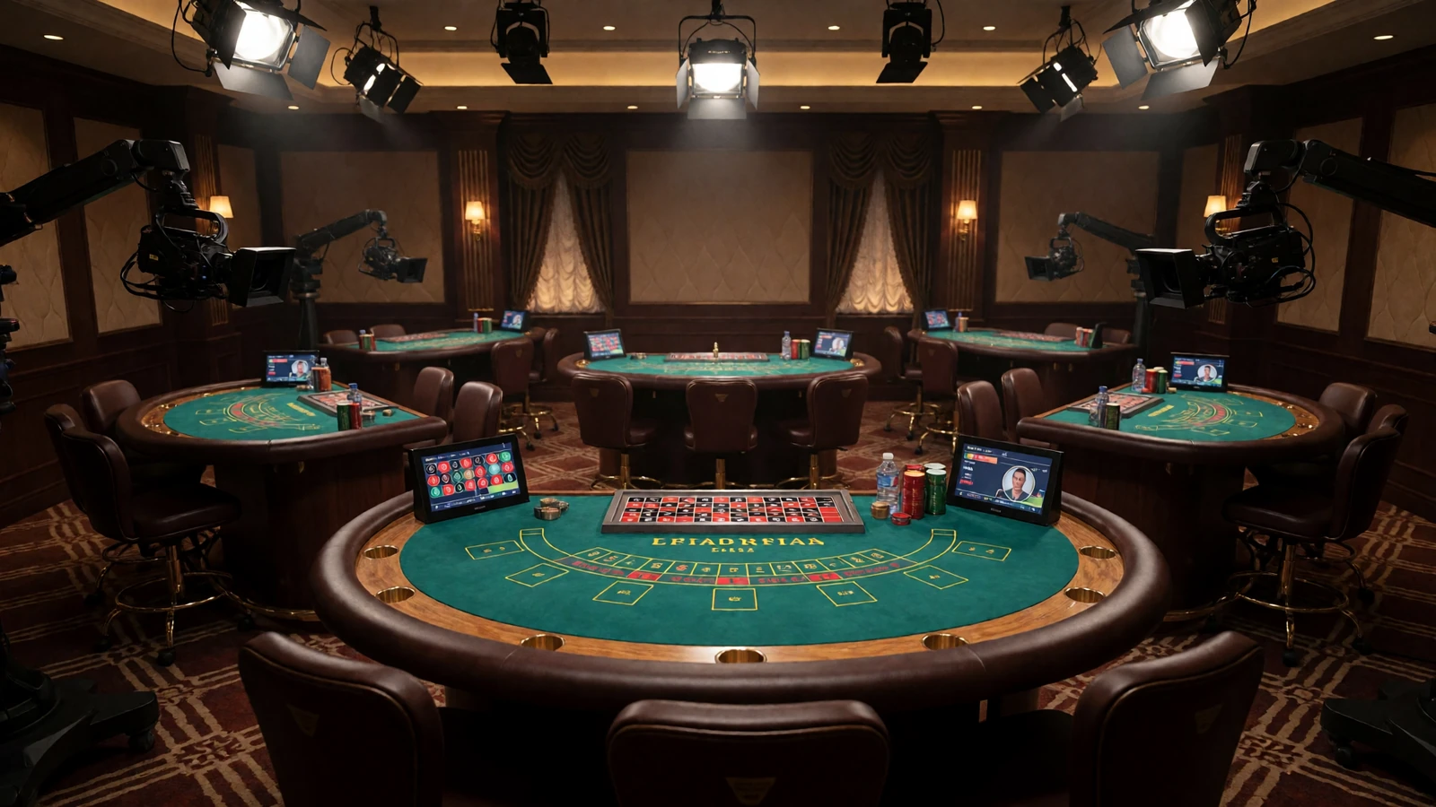 Live-Casino-Studio des Millioner Casino mit Roulette- und Blackjack-Tischen, Kameras und warmem Studiolicht