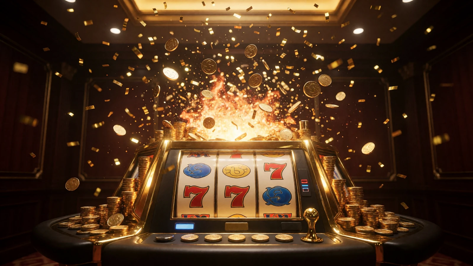 Goldener Jackpot-Gewinn im Millioner Casino mit M&uuml;nzregen und Konfetti &uuml;ber einem leuchtenden Spielautomaten